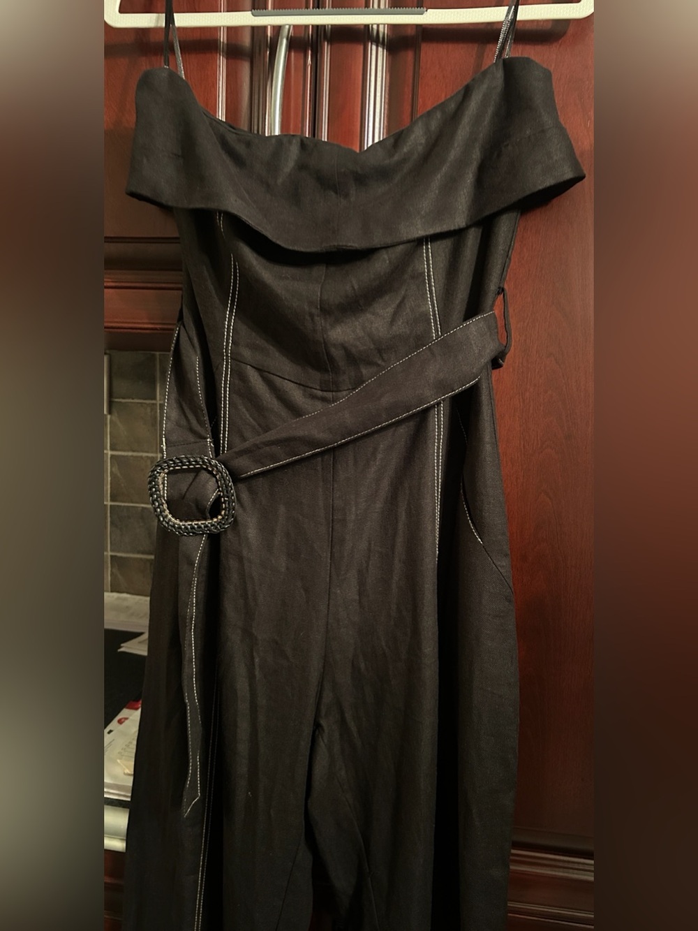 ZARA Black Strapless Linen Blend Belted Jumpsuit size medium - Picture 12 of 16